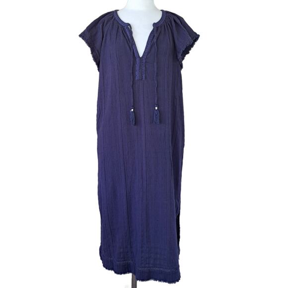 TOMMY BAHAMA Mykonos Cotton Gauze Midi Maxi Beach Dress Caftan Small Navy Blue - Picture 1 of 8